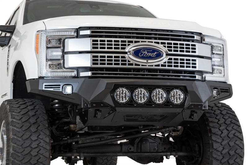 Ford F350 Super Duty Bumper - Front - Addictive Desert Designs - Bomber with Mounts for Rigid 360 6 in. Round Lights - Hammer Black with Satin Black Panels - `17-`20